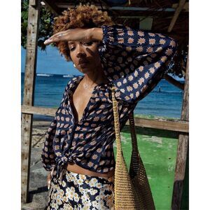 Boden Harriet Starburst Print Blouse in Navy & Gold Size 10